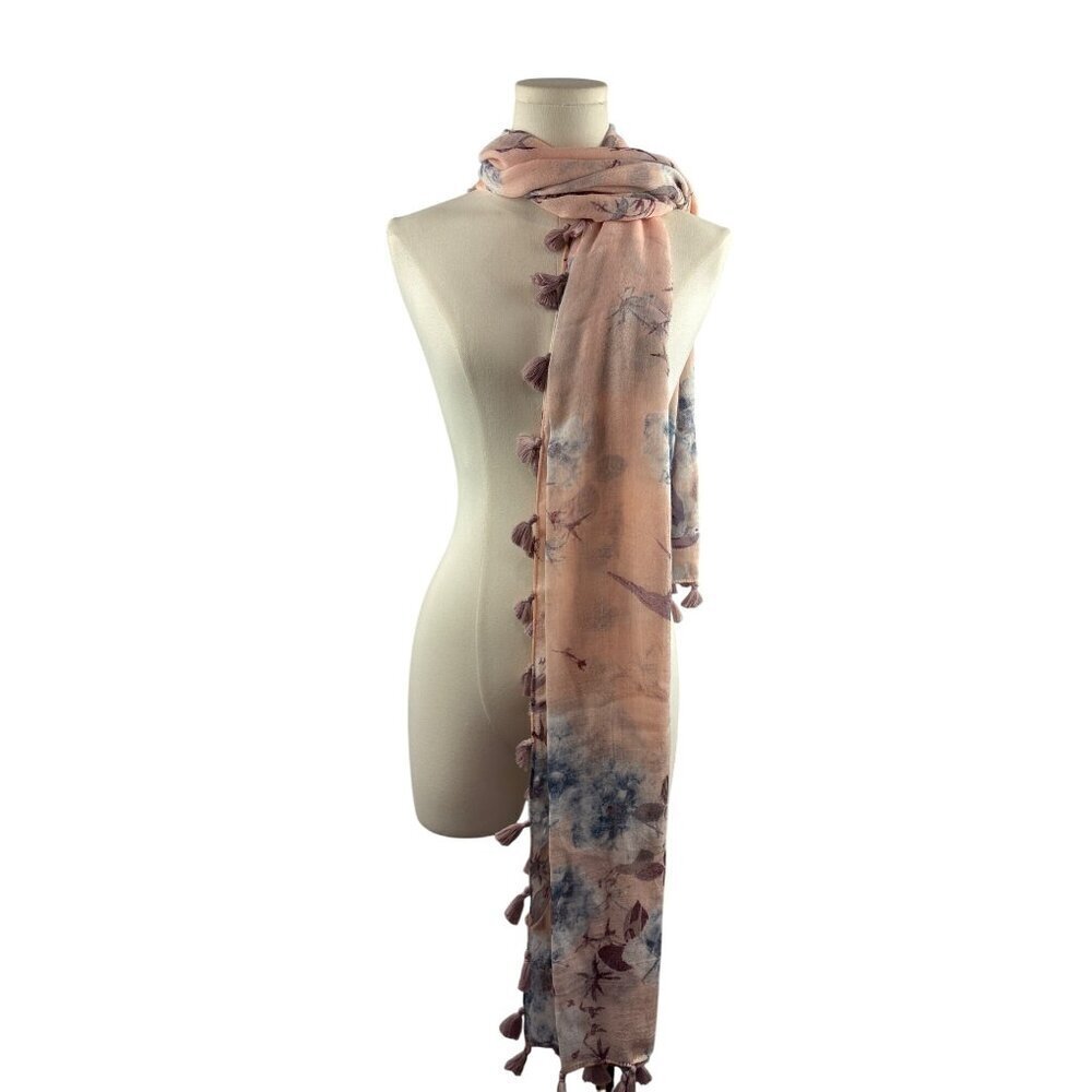 Hinge Floral Tassel Scarf Shawl Wrap Lightweight Pink & Blue Elegant Womens Acce